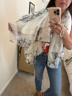 ALL SAINTS Floral Skeleton Print Scarf in White and Gray with Gold Accents NWT